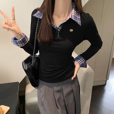 Fake zweiteiliges Polo-Revers Langarm-T-Shirt für Damen Herbst Karoprint Spleißen rechte Schulter Unterhemd Design Top