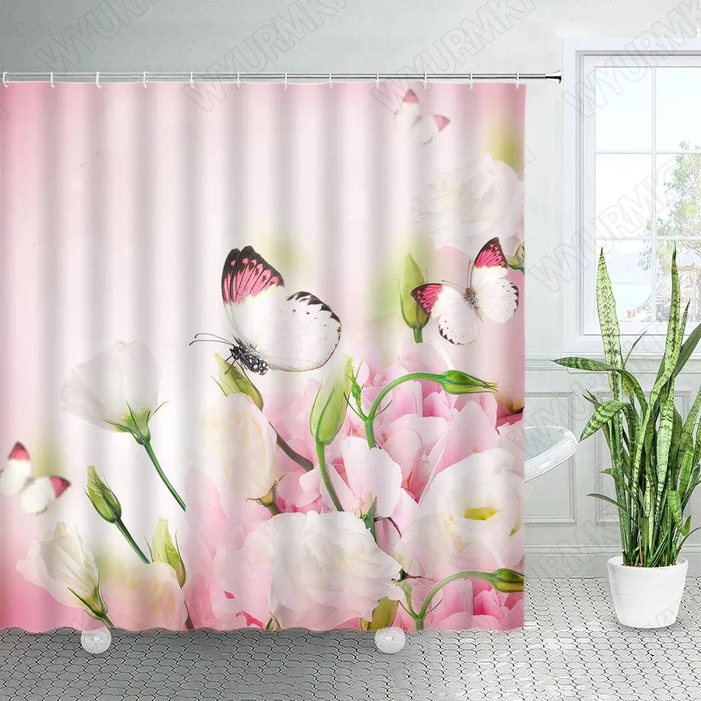 Rustic Flowers Shower Curtains Red Pink Rose Butterfly Sunflower Spring Nature Floral Bath Curtain Set Bathroom Decor with Hooks