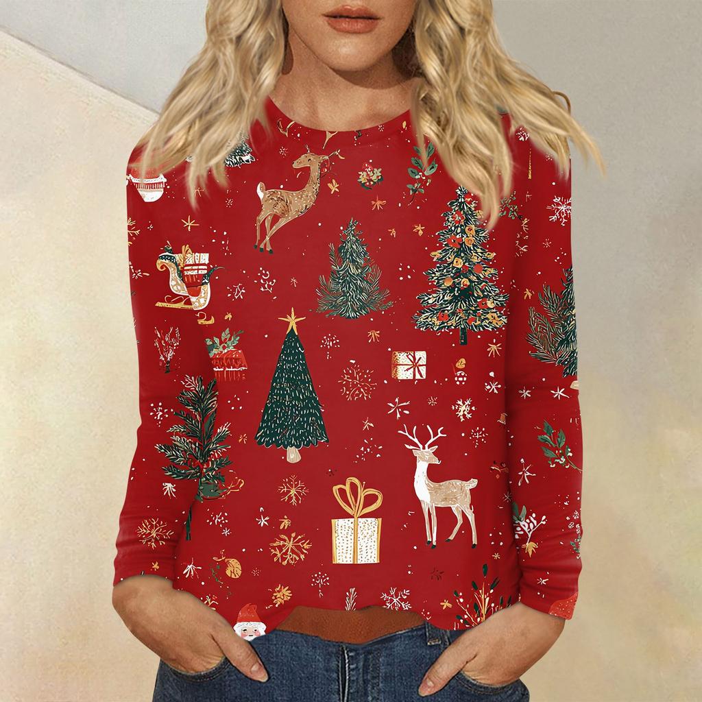 Women's Fashion Casual Christmas Printed Round Neck Long Sleeve Pullover Top