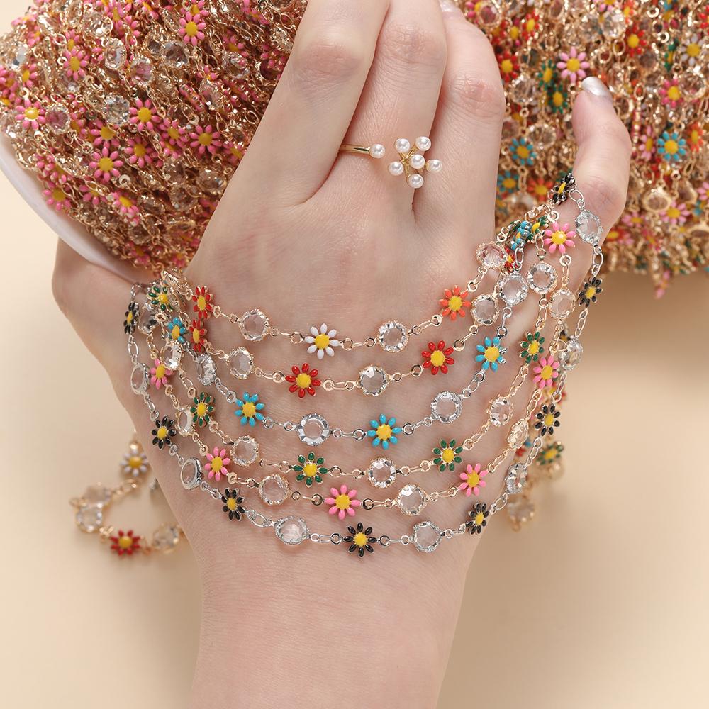 1meter Copper Chains Daisy with Glass Rhinestone Chain Findings for Bracelet Necklace DIY Jewelry Making Accessories