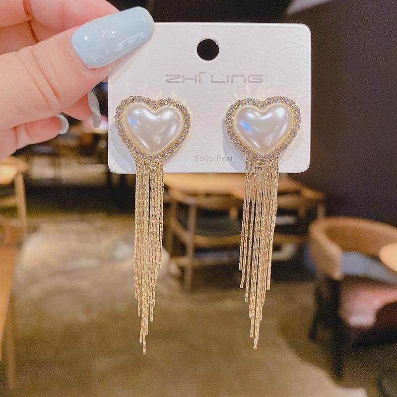 S925 Sterling Silver Heart-Shaped Rhinestone Pearl Studs: Two-Way Long Tassel Earrings