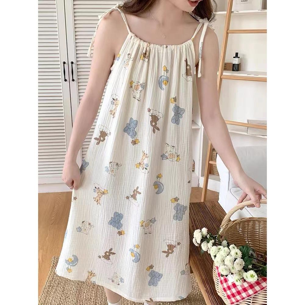 Sweet Cartoon Princess Style Nightgown for Women In Summer New Sexy Suspender Bubble Wrinkle Cloth Home Clothes