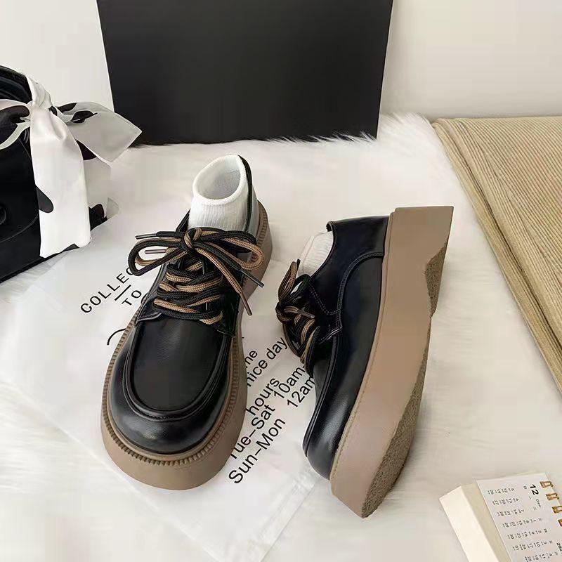 

Женские кожаные туфли в британском стиле, размер 23, осенняя платформа, мягкая подошва, шнуровка, круглый нос, увеличивающие рост, туфли Мэри Джейн 39 чёрный