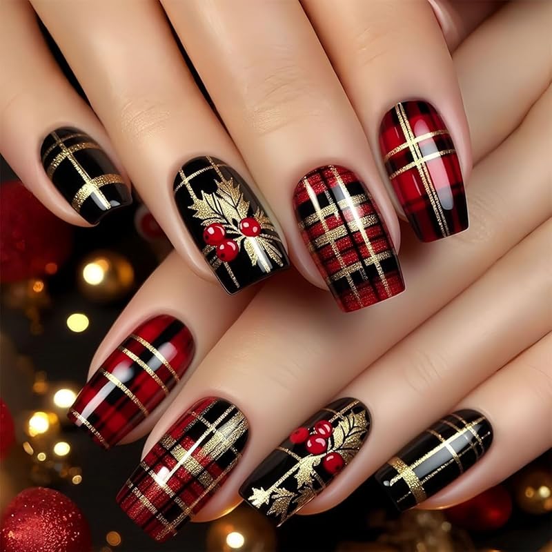 Christmas Cute Press On Nails Square Fake Nails Winter False Nails with Snowman Snowflake Designs Medium Glue On Nail Gloss Xmas Reusable Acrylic