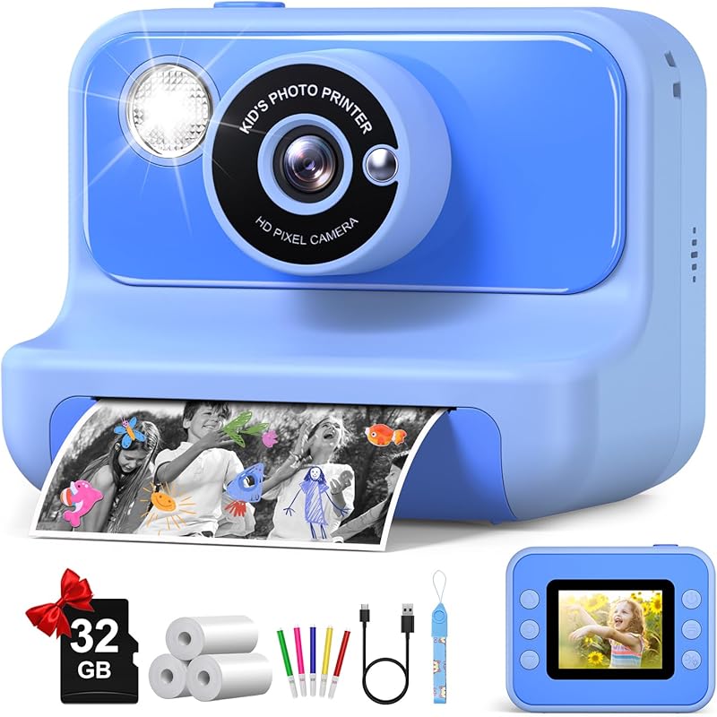 Kids Camera Instant Print, Christmas Birthday Gifts for Girls and Boys, 1080P HD Video Digital Kids Camera with 32G Card, Toddler Camera for 3-12