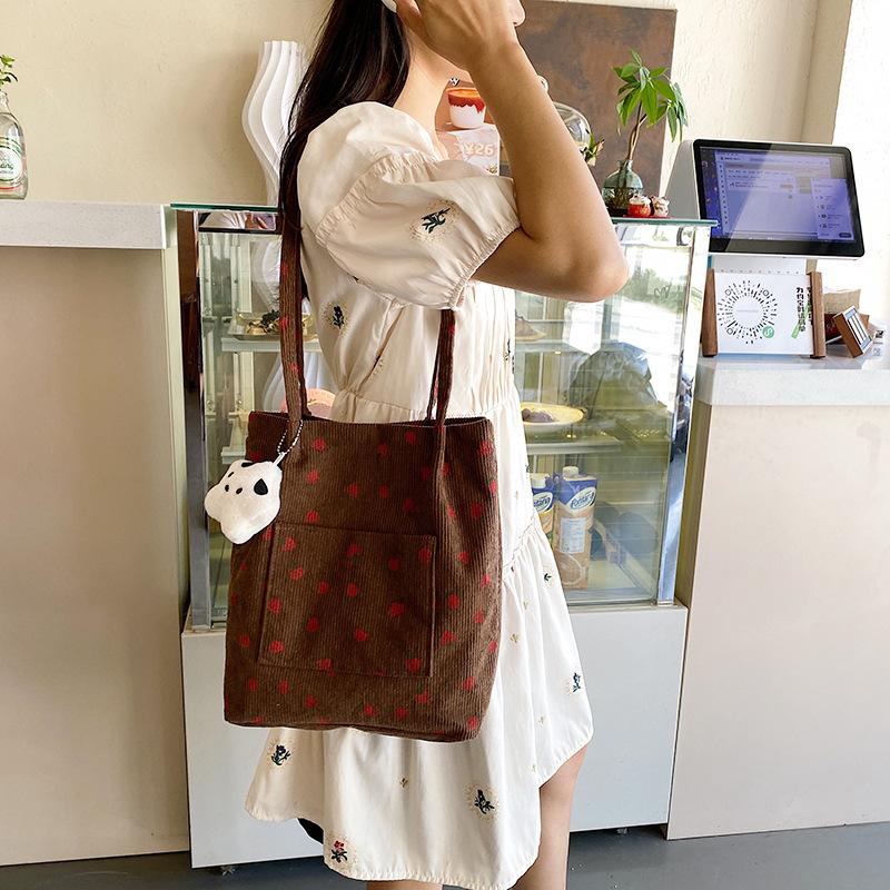 Versatile Corduroy Printed Tote Bag Student Class Make-Up Bag Large Capacity Shoulder Bag Strawberry Canvas Bag Bag