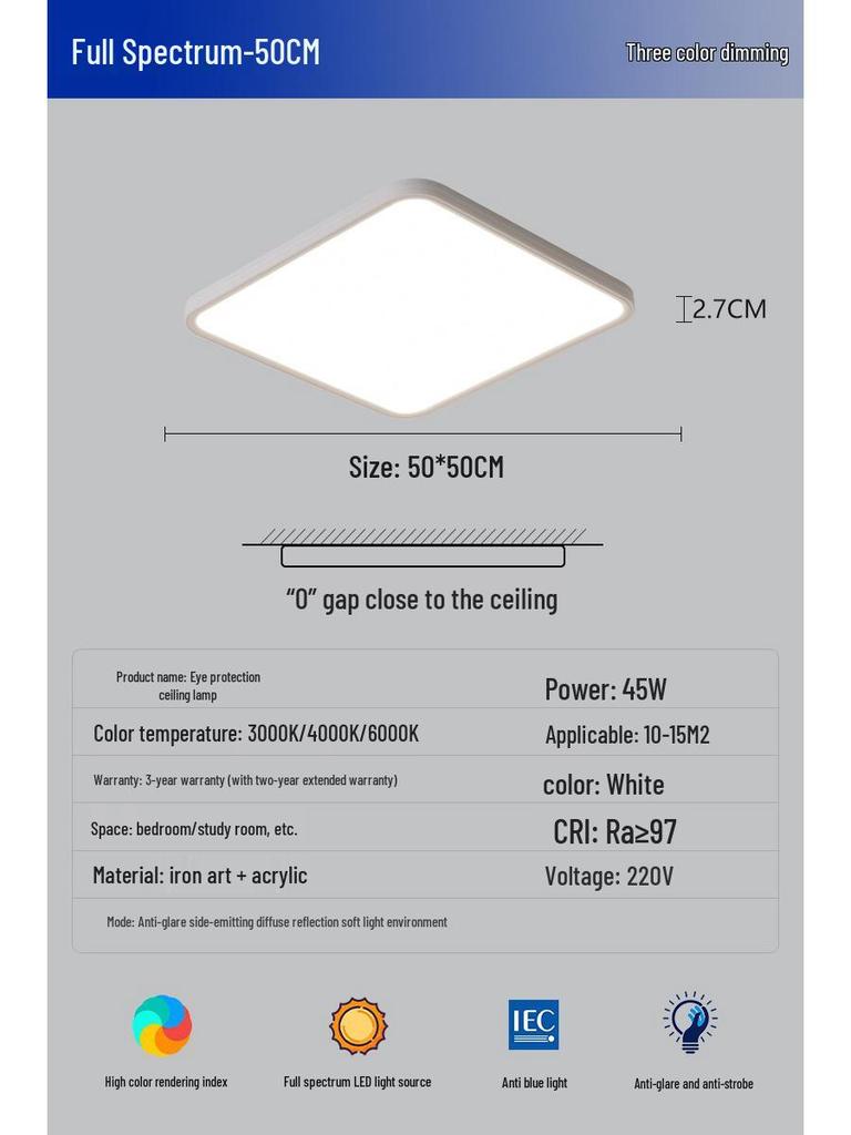 Ultra-Thin Minimalist Ceiling Light with Full Spectrum Eye Protection for Living Room or Bedroom