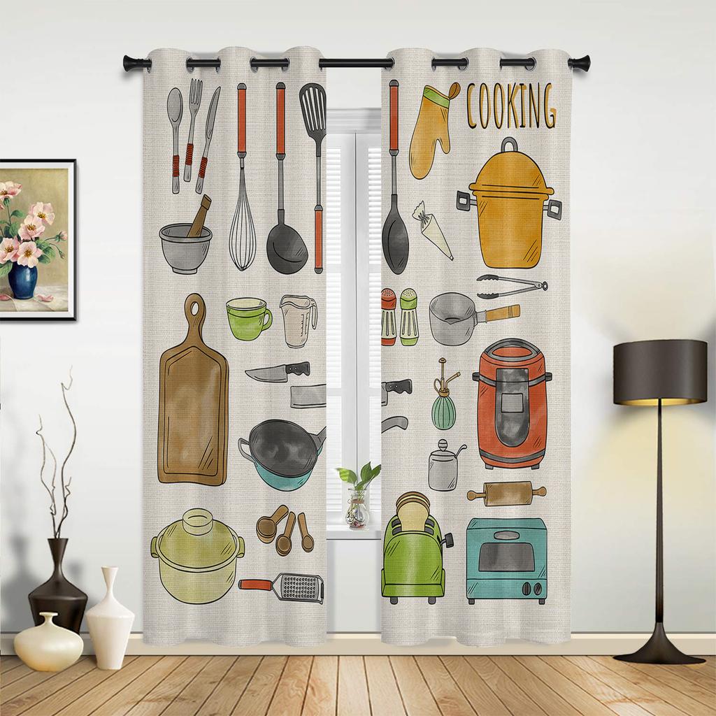 Küchenutensilien Karomuster Schwarz Weiß Vorhänge für Schlafzimmer Wohnzimmer Vorhänge Küche Kinderzimmer Fenstergardine Moderne Heimdekoration