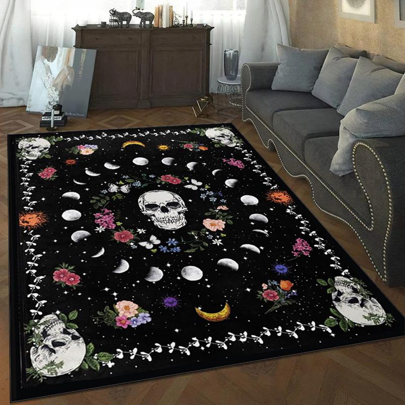Vintage Skull Moon Phase Floor Mat Non Slip Machine Washable Crystal Velvet Floral Celestial Design Carpet