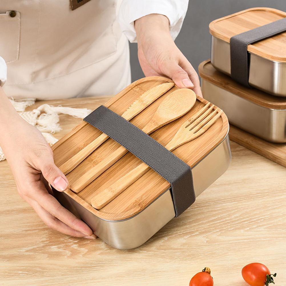 Stainless Steel Bento Lunch Box Metal Containers Wood Lid with 3Pcs Cutlery Set Lunch Box for