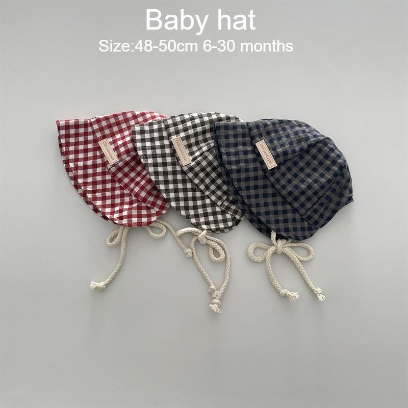 Summer Baby Bucket Hat 48-50cm 6-30M Plaid Cotton Infant Sun Hat Toddler Windproof Tie Up Cap Newborn Boy Girl Outdoor Beach Cap