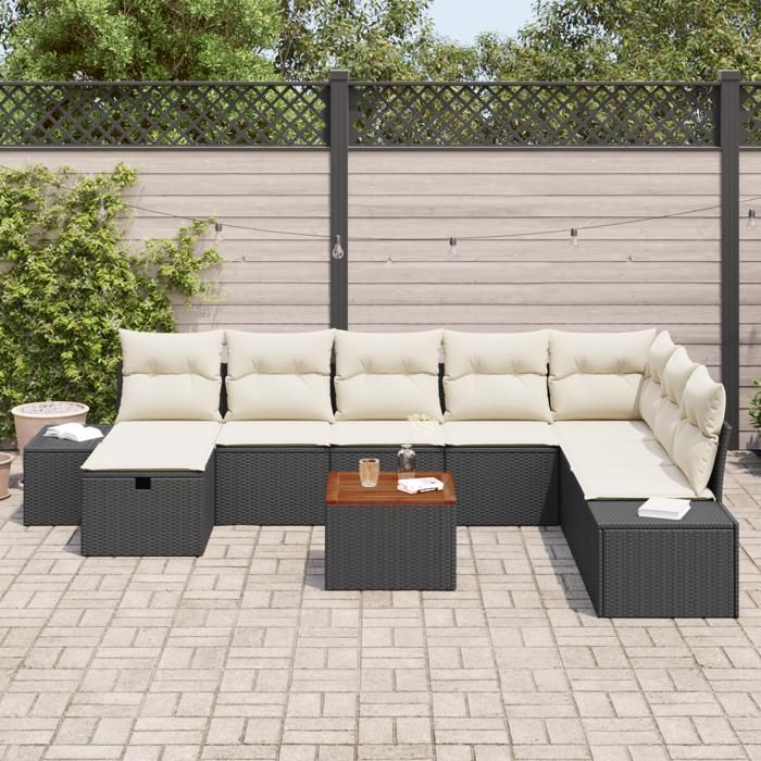 VidaXL Ensemble de canapé de jardin de 9 pièces avec coussins Noir Poly Rattan 3359607