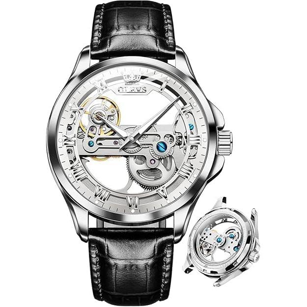 OLEVS Men s Mechanical Automatic & Manual Winding Transparent Clear Skeleton Leather Belt Fashionable Men s Watch Leather Luminous Waterproof watch
