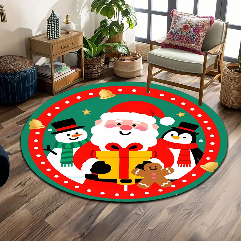 Santa, Snowman, and Penguin Festive Scene Print round rug, living room, bedroom, playroom carpet, non slip floor mat, gift
