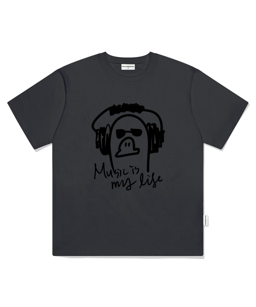 ESCAPEFROM Music Is My Life Print Oversized Short Sleeve T-Shirt Charcoal
