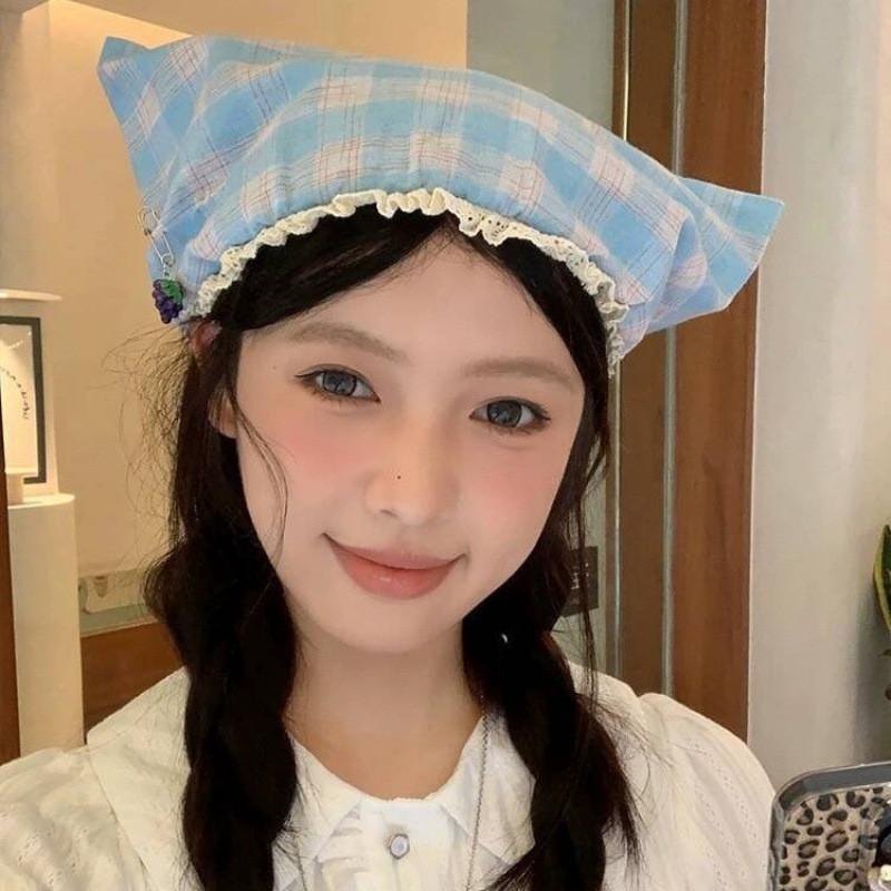 Y2k Gingham Cotton Cat Ear Beanie With Sun Protection For Summer And Autumn Wear
