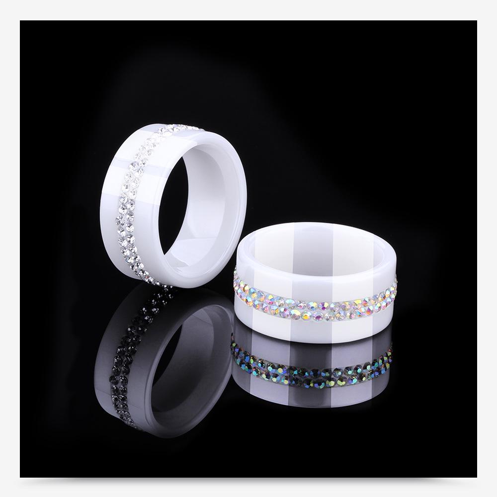 Stylish Ceramic Black and White Two-Row Diamond Ring, 10MM