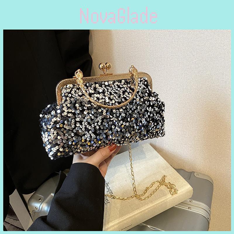 Sequin Evening Bag For Women With Chain Strap And Lock Closure For Party And Night Out