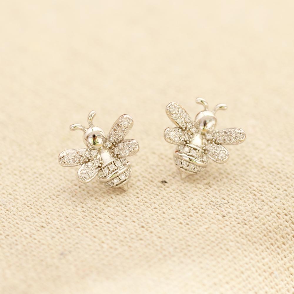 European and American Diamond-encrusted Gold and Silver Two-color Gold-plated Little Bee Shape Earrings, Simple and Versatile 925 Silver Needle Stud E