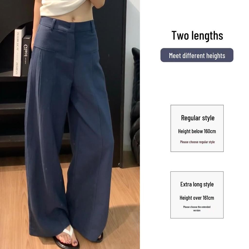Petite XS Women’s Navy Blue Straight-Leg Wide-Leg Suit Pants, Old Money Style, Spring & Autumn, 145cm Length