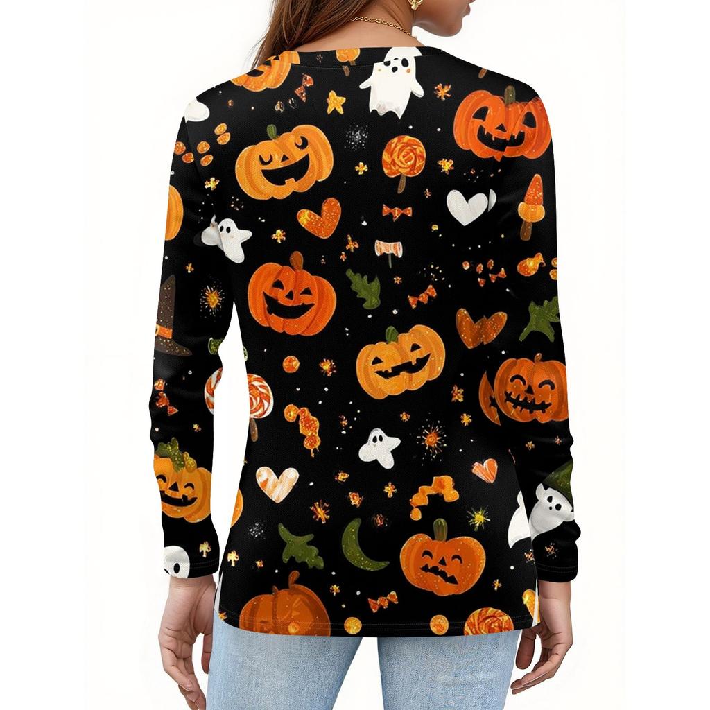 Women's Fashion Hem Slit Casual Halloween Printed Round Neck Long Sleeve Top