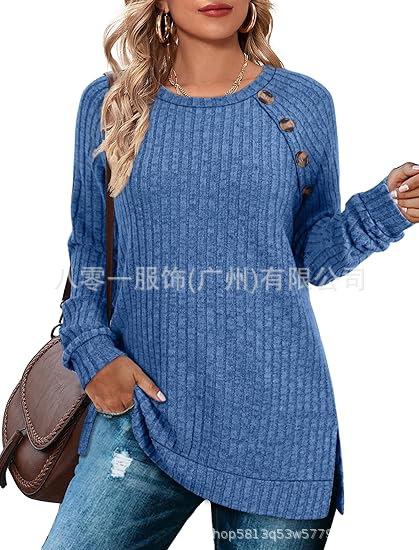 Women's Crew Neck Long Sleeve Tunic Top Ribbed Knit Raglan Sleeve Button Decor Split Hem Casual Pullover Shirt