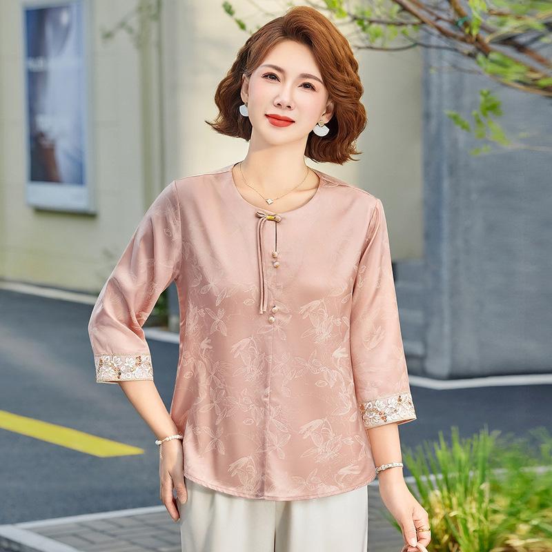 Elegant Summer Satin Shirt for Women, Perfect for Middle-aged and Elderly, Lightweight and Fashionable.