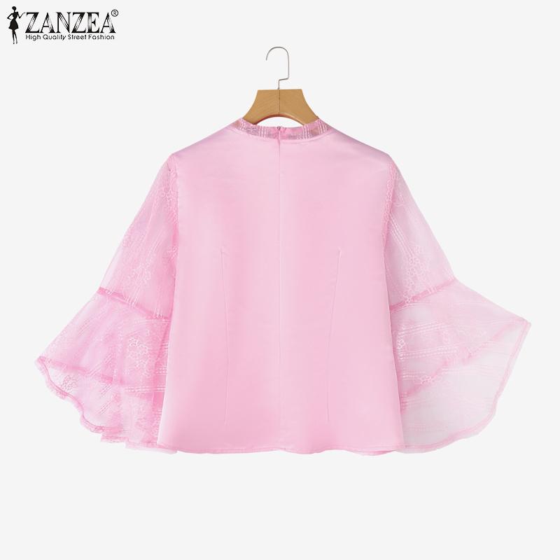 ZANZEA Women Casual V-Neck 3/4 Sleeve Mesh Patchwork Blouse