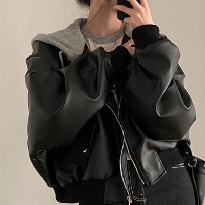 Veste en similicuir pour femme, manteau à capuche, fermeture éclair, style rétro, cordon de serrage, poignets élastiques amples, streetwear