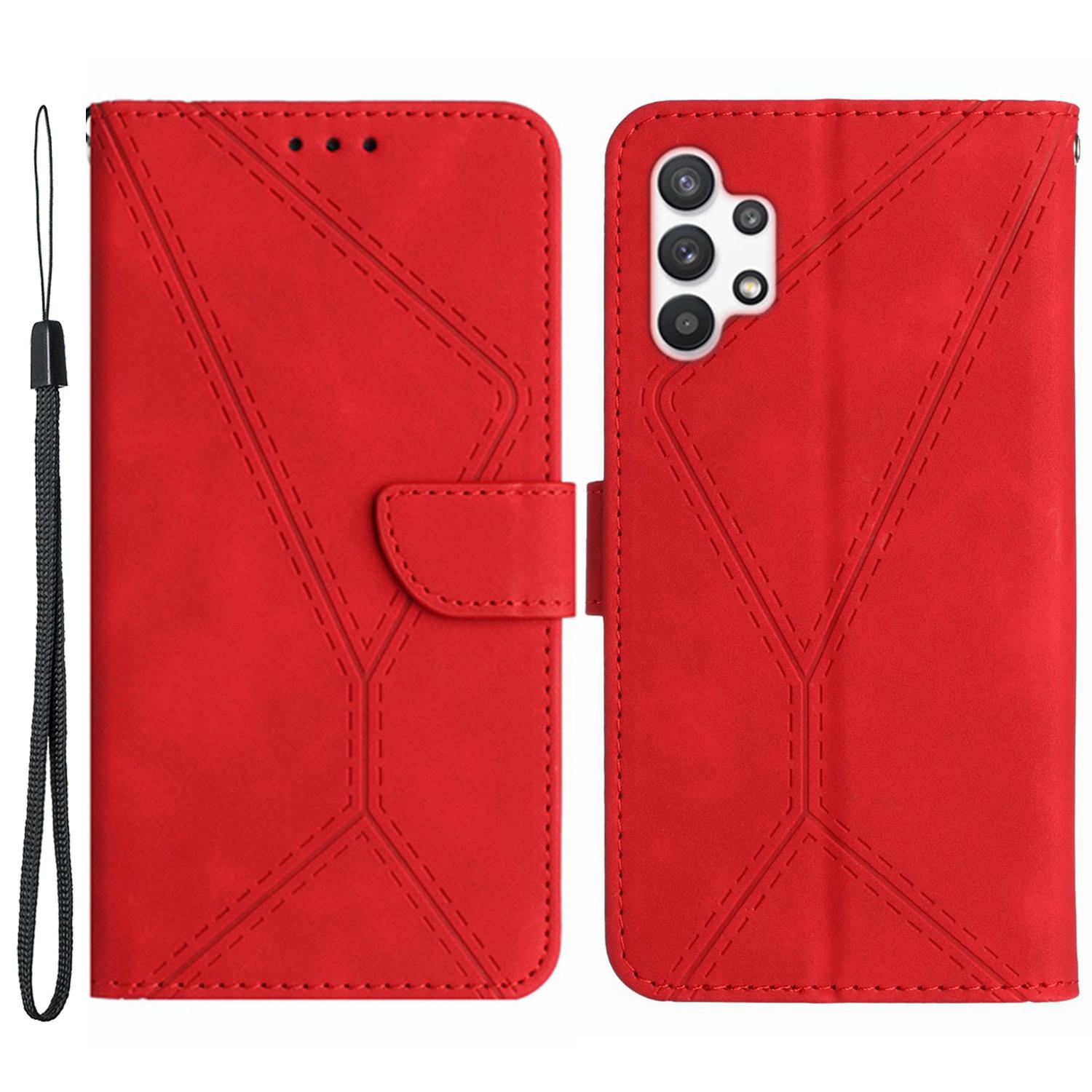 

HT05 PU Leather Case for Samsung Galaxy A32 4G (EU Version) Imprinted Line Wallet Stand Skin-touch Cover Red