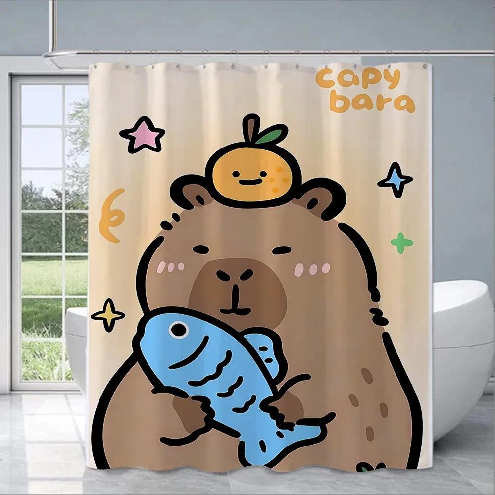 Wodoodporna zasłona prysznicowa z poliestru z farbą, kolorowe zasłony łazienkowe, kawaii kapibary, dekoracja domu i łazienki z haczykiem