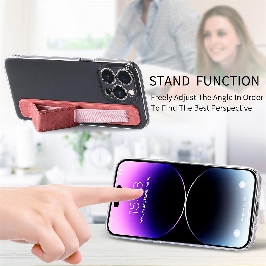 Pu Material Phone Holder With Stretchable Wristband For Home Office