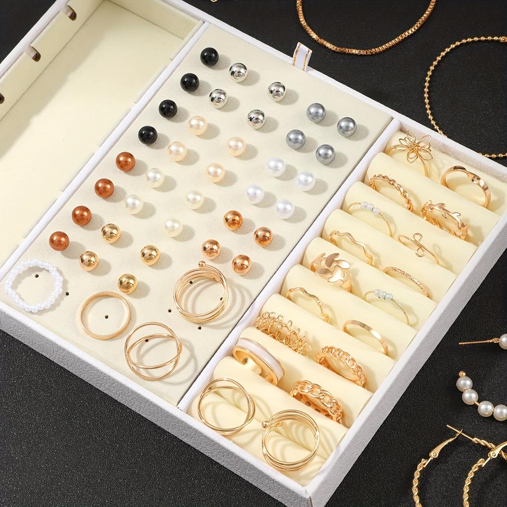 17KM 92Pcs Women's Fashion Jewelry Set Contain Hoop Earrings Stud Earrings Bracelet Necklace and Ring Versatile Daily Jewelry