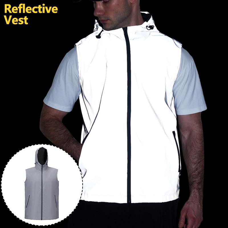 Spring Summer Reflective Vest Men's Hooded Outdoor Casual Cycling Jogging High Visibility Safety Glow Clothes Hip Hop Streetwear