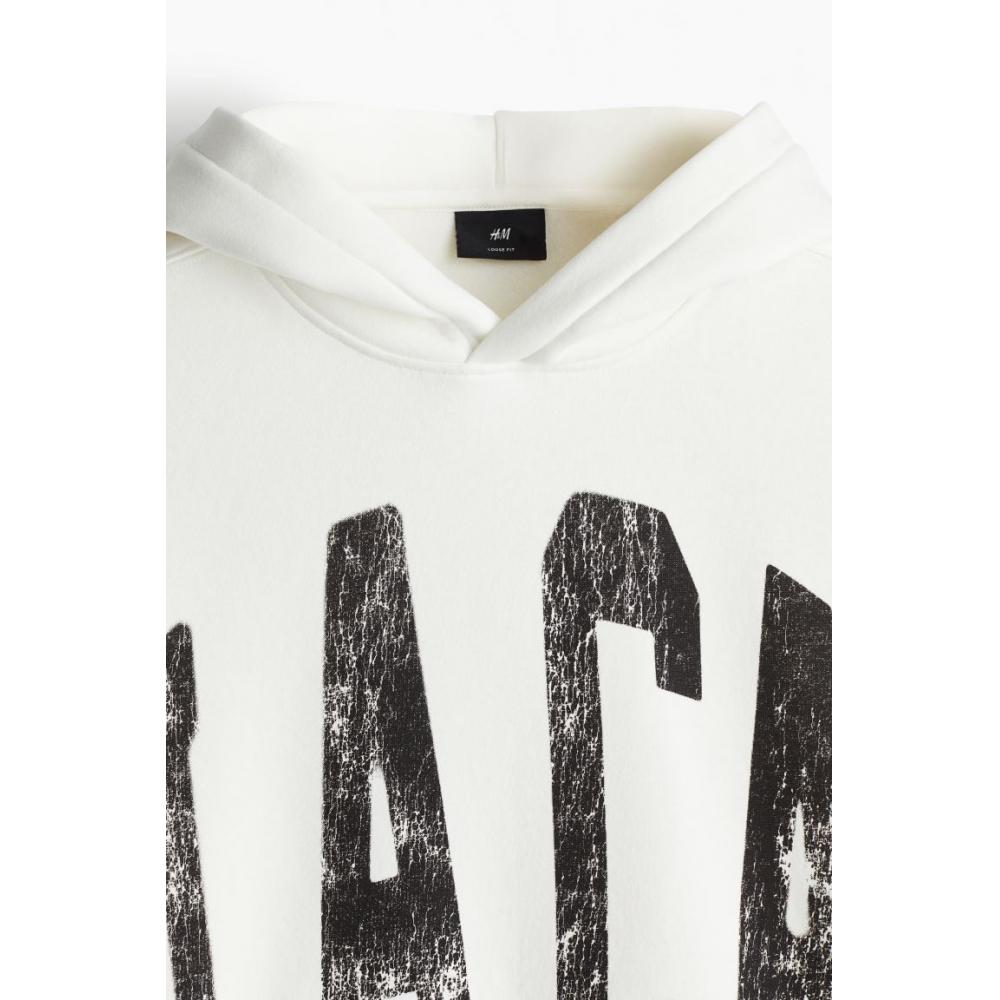 H M Printed Hoodie Loose Fit wHite La.ca