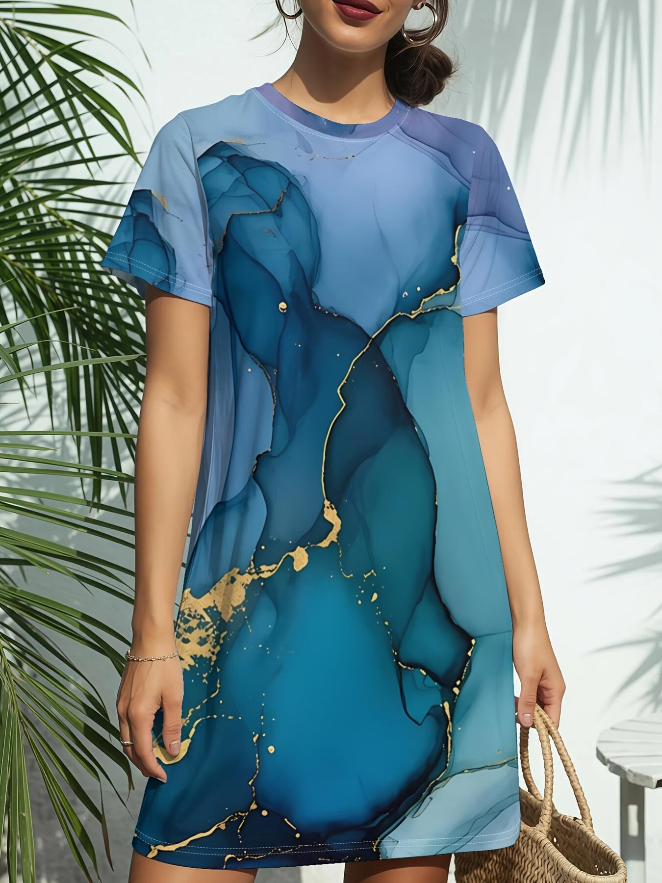 

Blue Marble New Women S Round Neck Short Sleeve T-Shirt Dress. American Style Trendy Digital Print. Casual And Versatile for Spring And Summer. Elegan 7XL дубильная кора