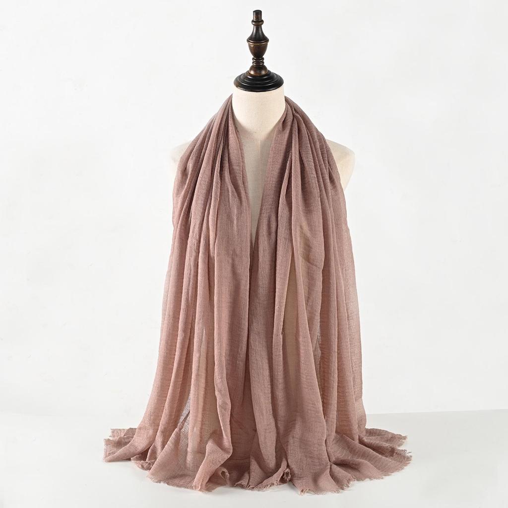 Crinkled Cotton-Linen Blend Scarf with Fringe - Solid Color, 90x180cm, Women's Headscarf