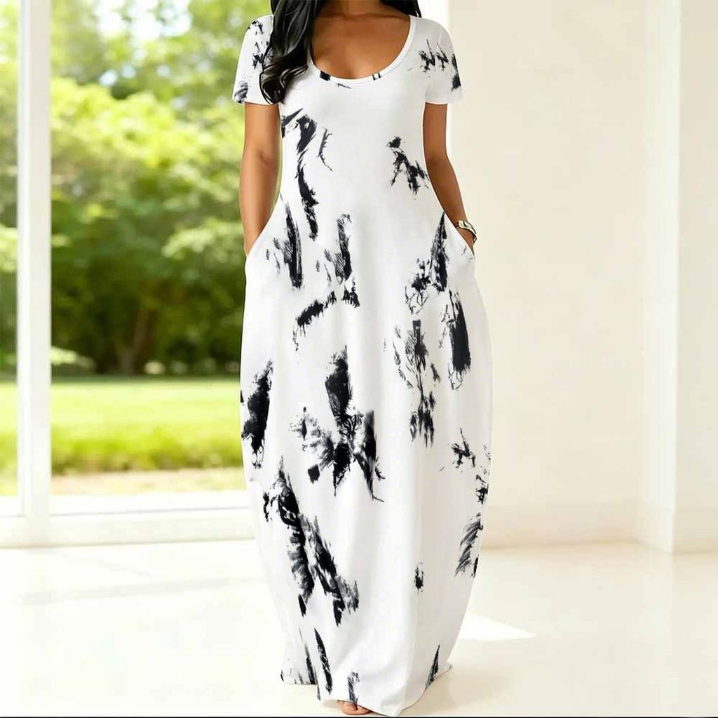 Women Loose Round Neck Short Sleeve Dress Plus Size Summer Light Casual Outfit