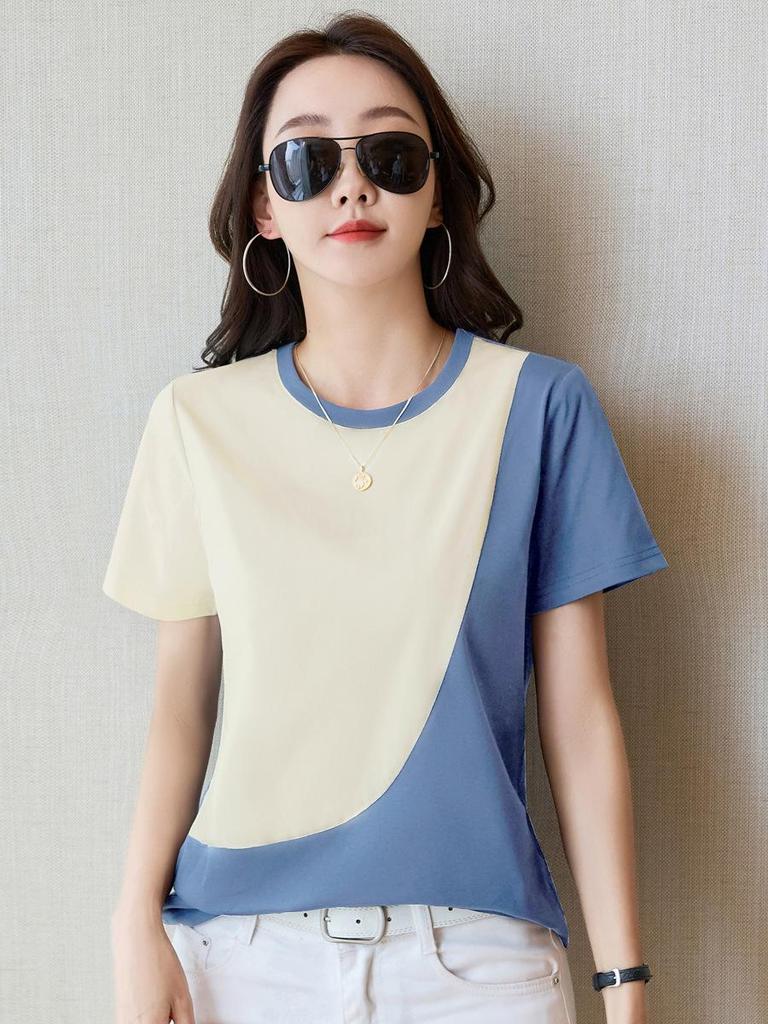 Women's Color Block Patchwork Short-Sleeve T-Shirt (2025 Summer Collection)