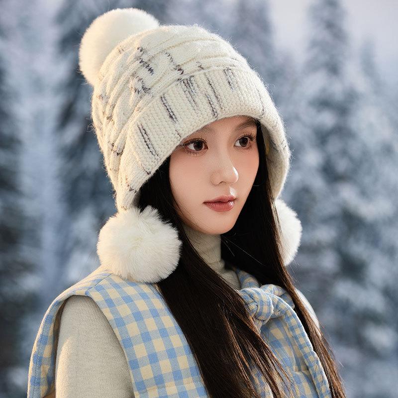 Cute Hairball Knitted Thermal Hat Women's Plush Thickened Ear Protector Wool Hat