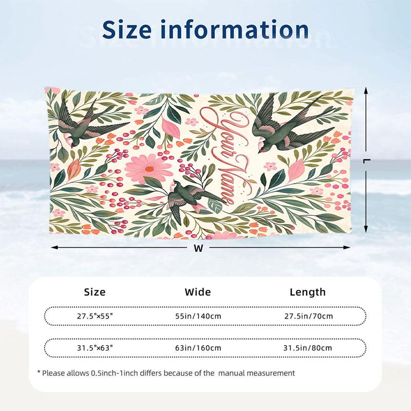 Floral Birds Theme Quick Dry Beach Towel Custom Name Text Print Large Sand Resistant Towel Beach Vacation