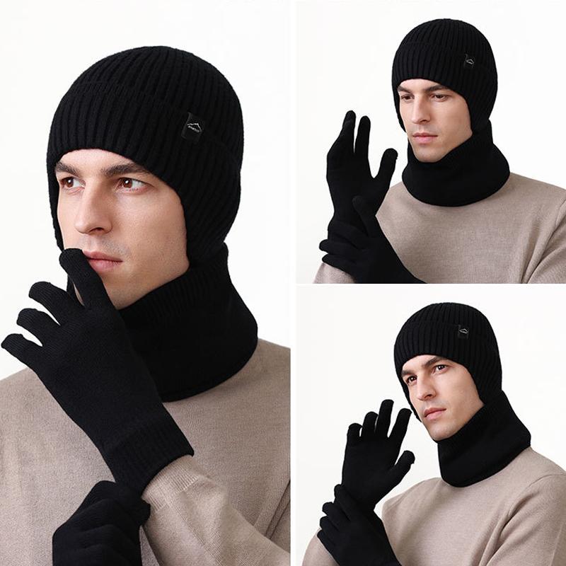 Autumn Winter Warm Suit Men's Velvet Thick Ear Protection Knitted Hat Scarf Gloves Three-Piece Hat Set