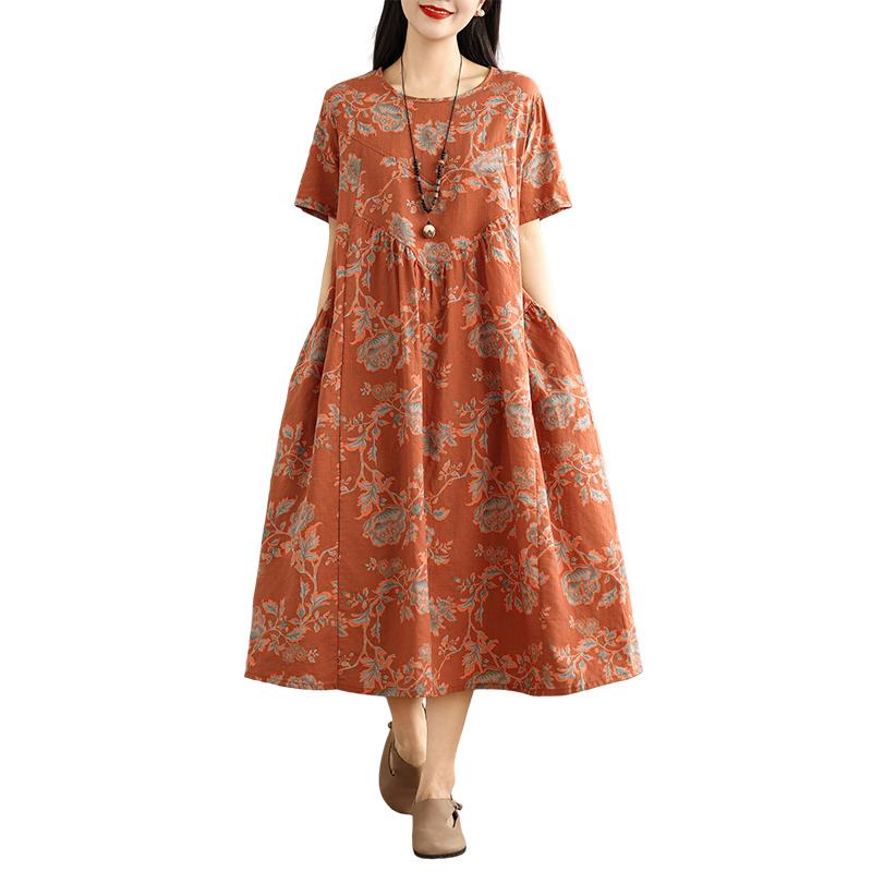 Dimanaf 2025 Summer Women Plus Size Long Dress Short Sleeve Vintage Basic Oversized Casual Loose Dress Floral New