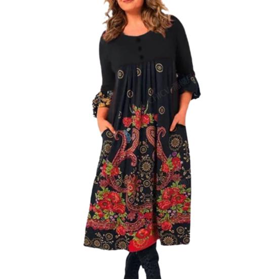 Herbst Frühling Damen Kleid Retro Ethno-Druck A-Linie Big Swing Langarm Rundhalsausschnitt Hohe Taille Lose Taschen Plissee Mittelkalblanges Damen-Midikleid