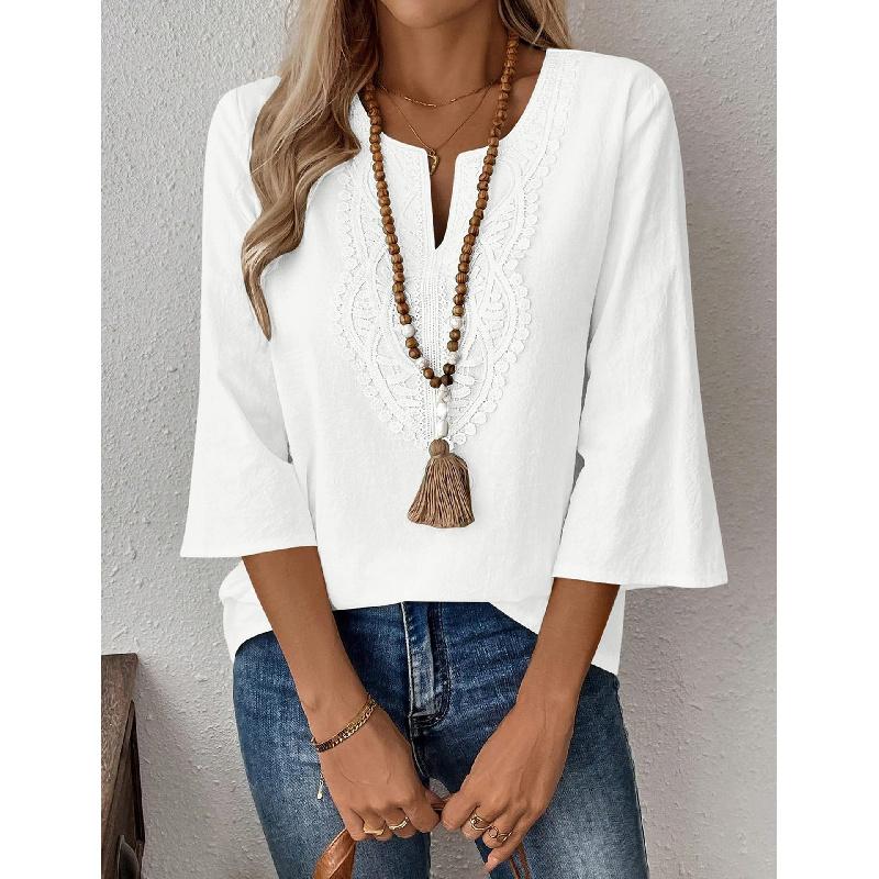 2026 Spring/Summer Bohemian Style Women's Linen Lace Trim V-Neck Three-Quarter Sleeve Casual Blouse
