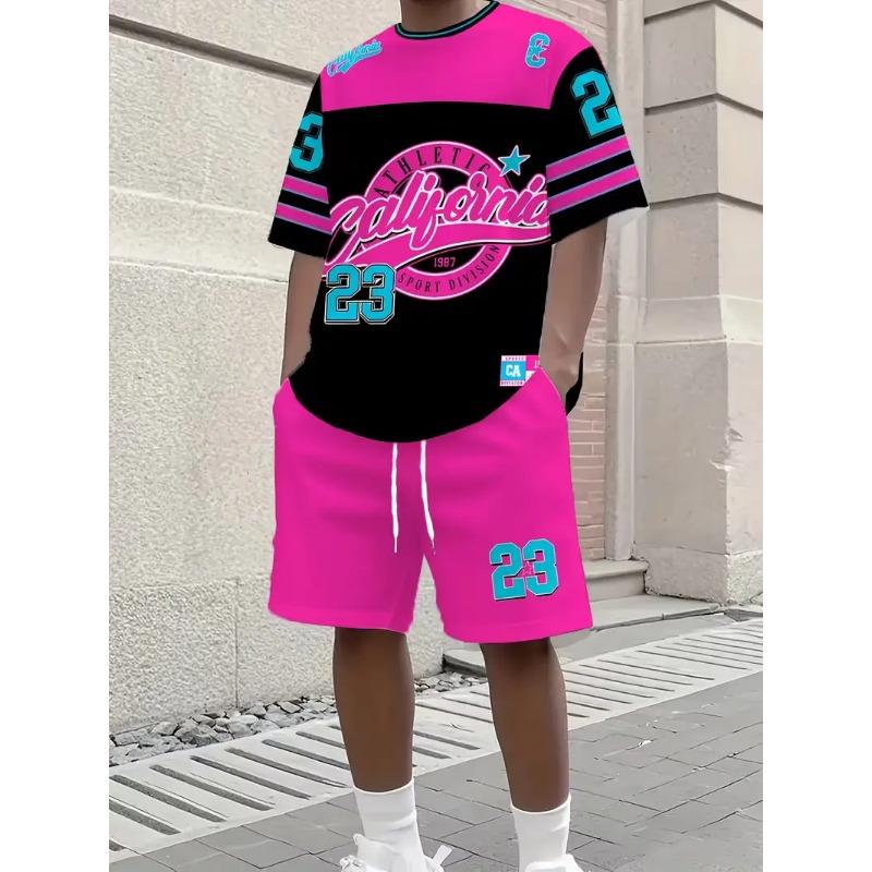 Men s fashionable casual round neck printed short-sleeved suit S