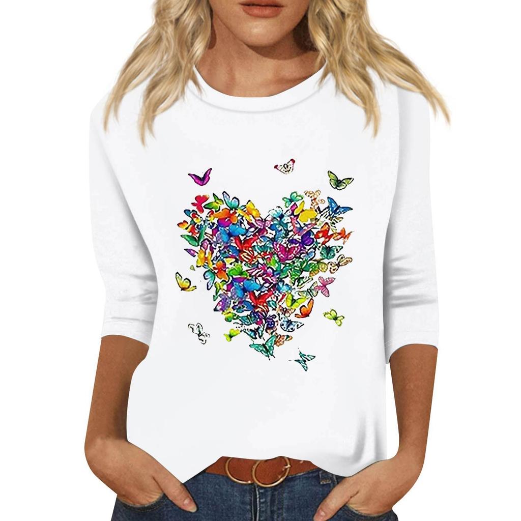 Women's Fashion Loose Casual Seven 3/4 Sleeve Printed Round Neck Pullover Top