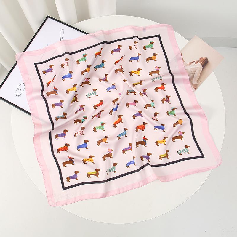 Süßer kindlicher Cartoon-Welpe 71 × 71 Seidenschal quadratischer Schal Damen Druck Atmosphäre dekorativer Schal Satinschal Damen