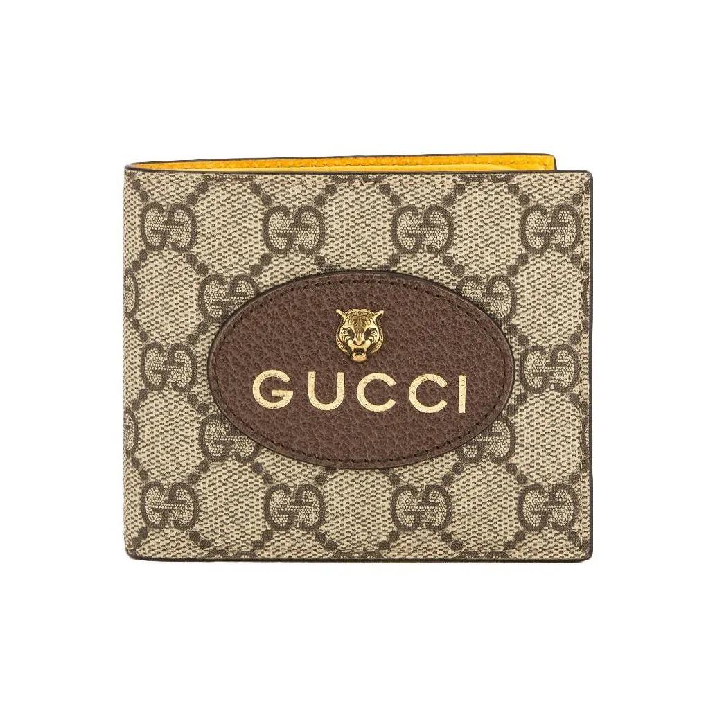 

GUCCI Нео-вінтажний металевий логотип-голова тигра, короткий гаманець із подвійним згином з канви та шкіри для чоловіків, Ебоні/Коричневий/Жовтий Basic Set (Bag + Dust Bag) жовтий/коричневий