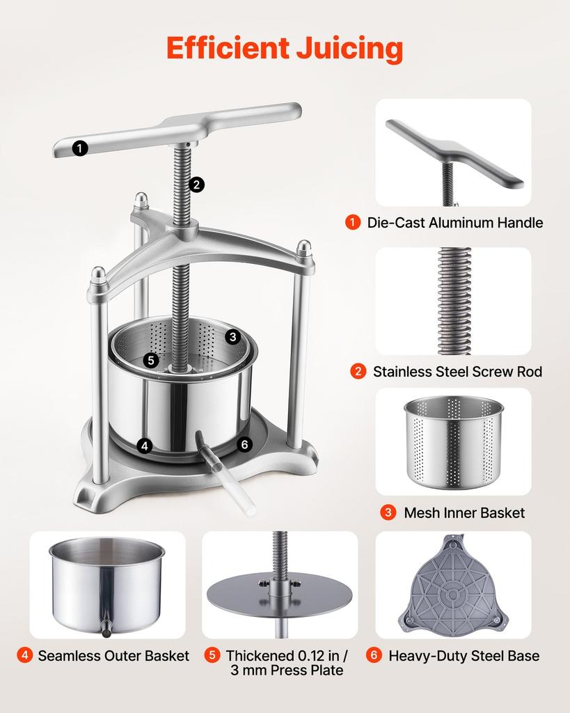 Fruit Wine Press, 0.8 Gallon/3L, Stainless Steel Manual Juice Maker with Powerful T-Shaped Handle, Juice Making for Apple/Grape/Orange/Berry,